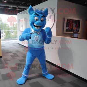 Sky Blue Devil mascot costume character dressed with a Bodysuit and Tie pins