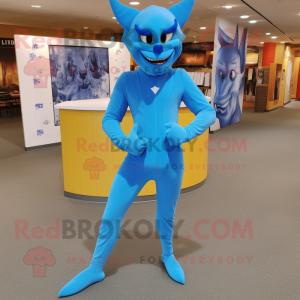 Sky Blue Devil mascot costume character dressed with a Bodysuit and Tie pins