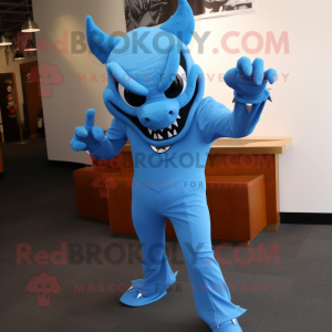 Sky Blue Devil mascot costume character dressed with a Bodysuit and Tie pins