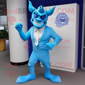 Sky Blue Devil mascot costume character dressed with a Bodysuit and Tie pins