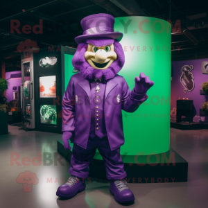 Purple Leprechaun Hat mascot costume character dressed with a Bomber Jacket and Cufflinks