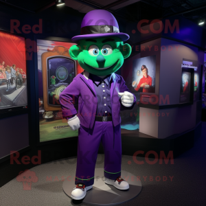 Purple Leprechaun Hat mascot costume character dressed with a Bomber Jacket and Cufflinks