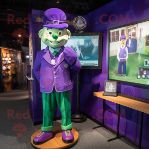 Purple Leprechaun Hat mascot costume character dressed with a Bomber Jacket and Cufflinks