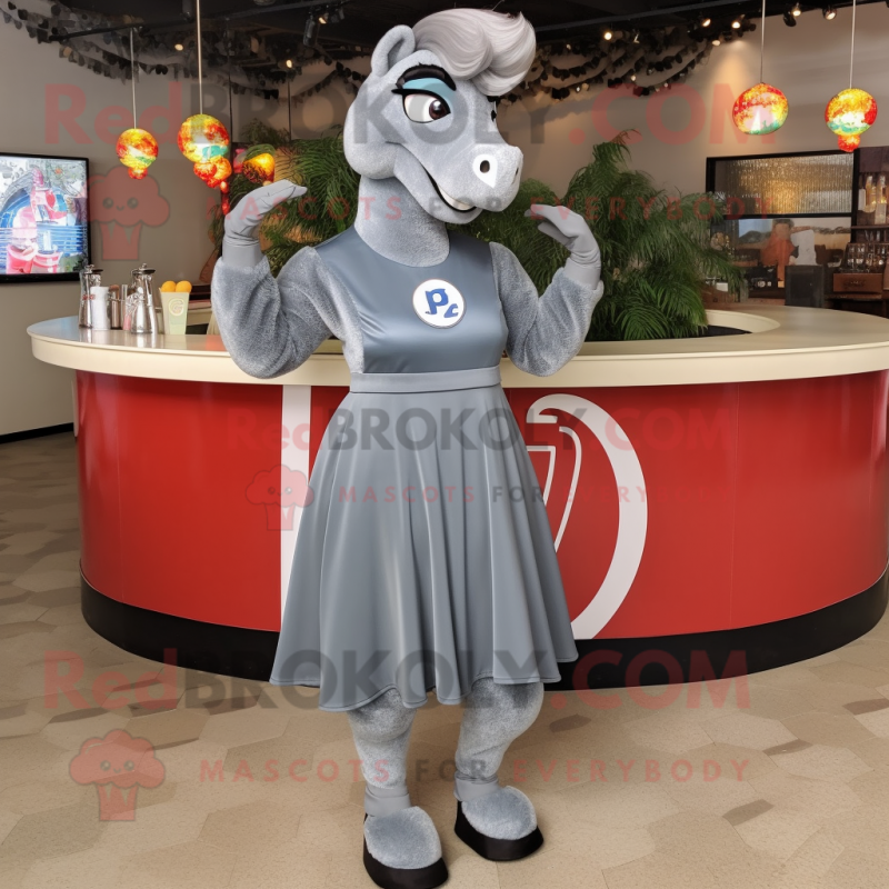 Gray Horseshoe mascot costume character dressed with a Cocktail Dress and Rings Gray Horseshoe mascot costume character dressed with a Cocktail Dress and Rings