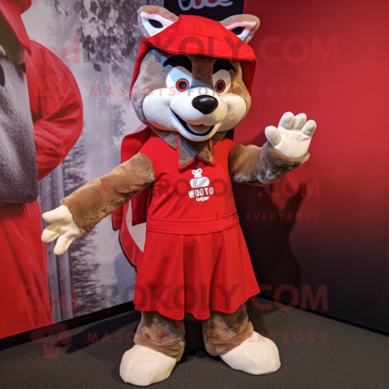 Red Say Wolf mascot costume character dressed with a Midi Dress and Beanies