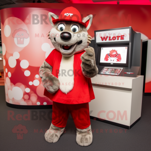 Red Say Wolf mascot costume character dressed with a Midi Dress and Beanies