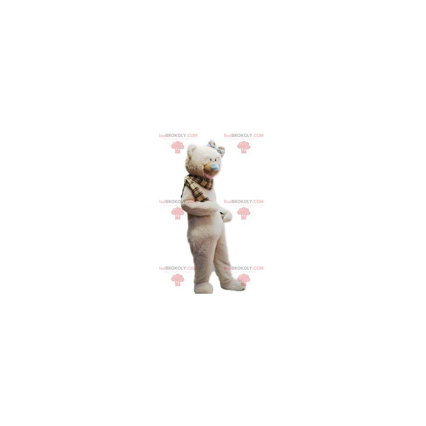 Mascota de oso beige suave y bufanda a cuadros - Redbrokoly.com