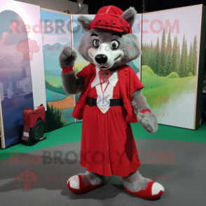 Red Say Wolf mascot costume character dressed with a Midi Dress and Beanies