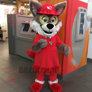 Red Say Wolf mascot costume character dressed with a Midi Dress and Beanies