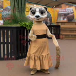 Tan Meerkat mascot costume character dressed with a Pleated Skirt and Headbands