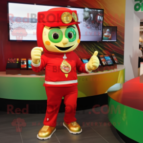 Red Pot Of Gold mascot costume character dressed with a Sweatshirt and Smartwatches