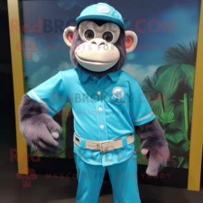 Cyan Chimpanzee mascot costume character dressed with a Henley Shirt and Belts