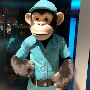 Cyan Chimpanzee mascot costume character dressed with a Henley Shirt and Belts