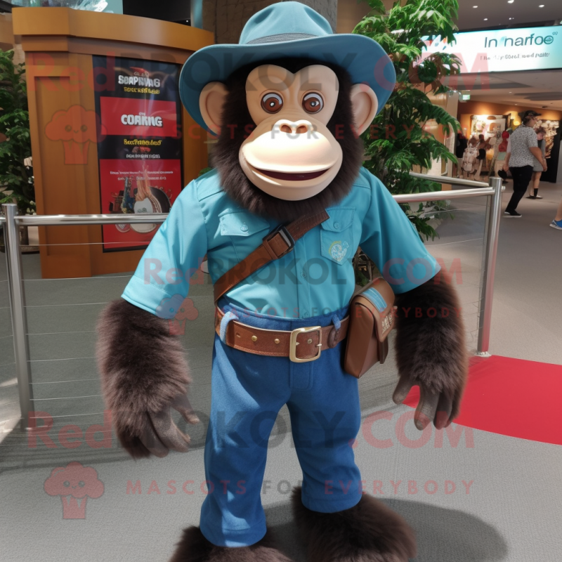 Cyan Chimpanzee mascot costume character dressed with a Henley Shirt and Belts