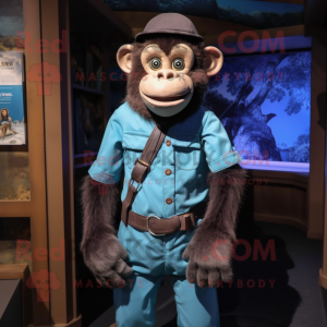 Cyan Chimpanzee mascot costume character dressed with a Henley Shirt and Belts