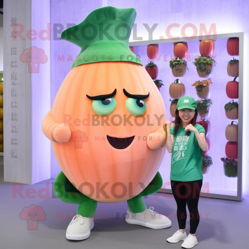 Peach Spinach mascot costume character dressed with a Yoga Pants and Hats