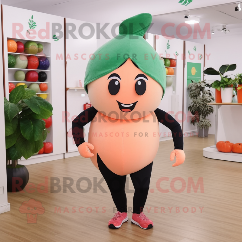 Peach Spinach mascot costume character dressed with a Yoga Pants and Hats