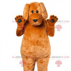 Brown dog mascot touching floppy ears - Redbrokoly.com