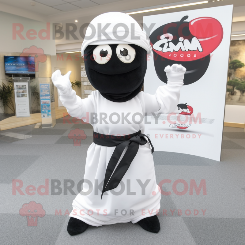 White Ninja mascot costume character dressed with a Maxi Skirt and Tie pins