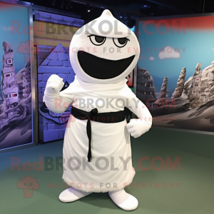 White Ninja mascot costume character dressed with a Maxi Skirt and Tie pins
