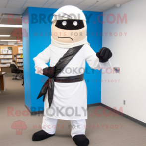 White Ninja mascot costume character dressed with a Maxi Skirt and Tie pins