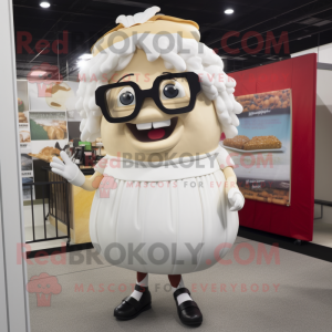 White Pulled Pork Sandwich mascot costume character dressed with a Pencil Skirt and Eyeglasses