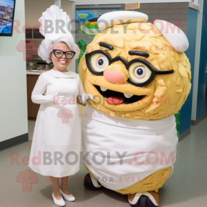 White Pulled Pork Sandwich mascot costume character dressed with a Pencil Skirt and Eyeglasses