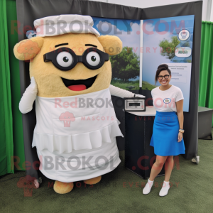 White Pulled Pork Sandwich mascot costume character dressed with a Pencil Skirt and Eyeglasses