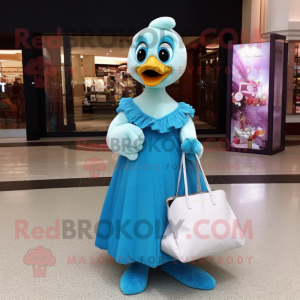 Sky Blue Gosling mascot costume character dressed with a Evening Gown and Tote bags