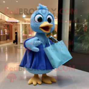 Sky Blue Gosling mascot costume character dressed with a Evening Gown and Tote bags