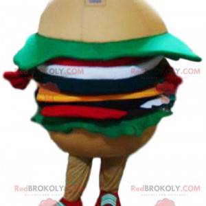 Mascota de hamburguesa con ensalada, tomates, cebollas -