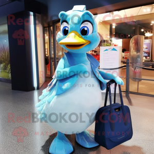 Sky Blue Gosling mascot costume character dressed with a Evening Gown and Tote bags