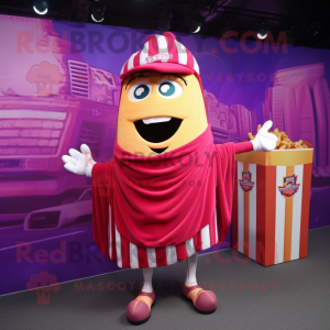 Magenta French Fries mascot costume character dressed with a Windbreaker and Shawls