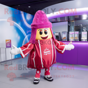 Magenta French Fries mascot costume character dressed with a Windbreaker and Shawls