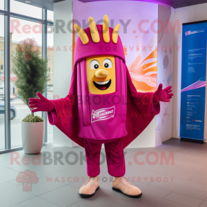 Magenta French Fries mascot costume character dressed with a Windbreaker and Shawls