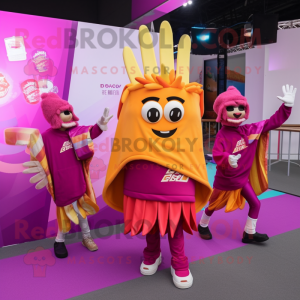 Magenta French Fries mascot costume character dressed with a Windbreaker and Shawls