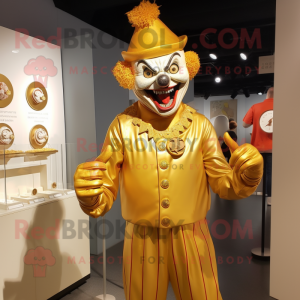 Gold Evil Clown mascot costume character dressed with a Henley Shirt and Cufflinks