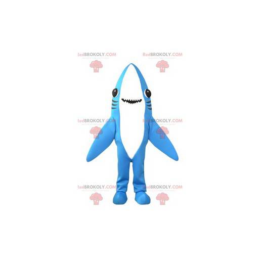Mascotte gigante e super sorridente dello squalo blu e bianco -