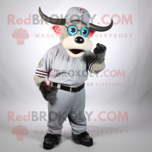 Silver Zebu mascot costume character dressed with a Baseball Tee and Reading glasses