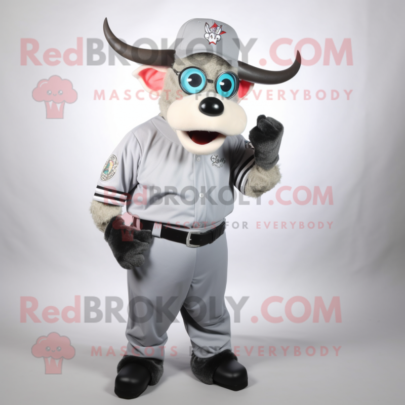 Silver Zebu mascot costume character dressed with a Baseball Tee and Reading glasses Silver Zebu mascot costume character dressed with a Baseball Tee and Reading glasses