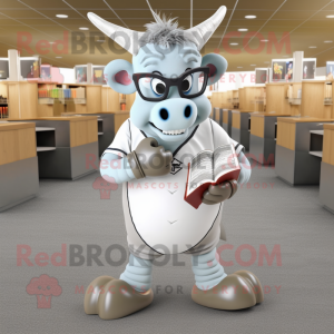 Silver Zebu mascot costume character dressed with a Baseball Tee and Reading glasses
