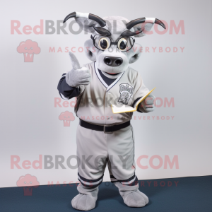 Silver Zebu mascot costume character dressed with a Baseball Tee and Reading glasses