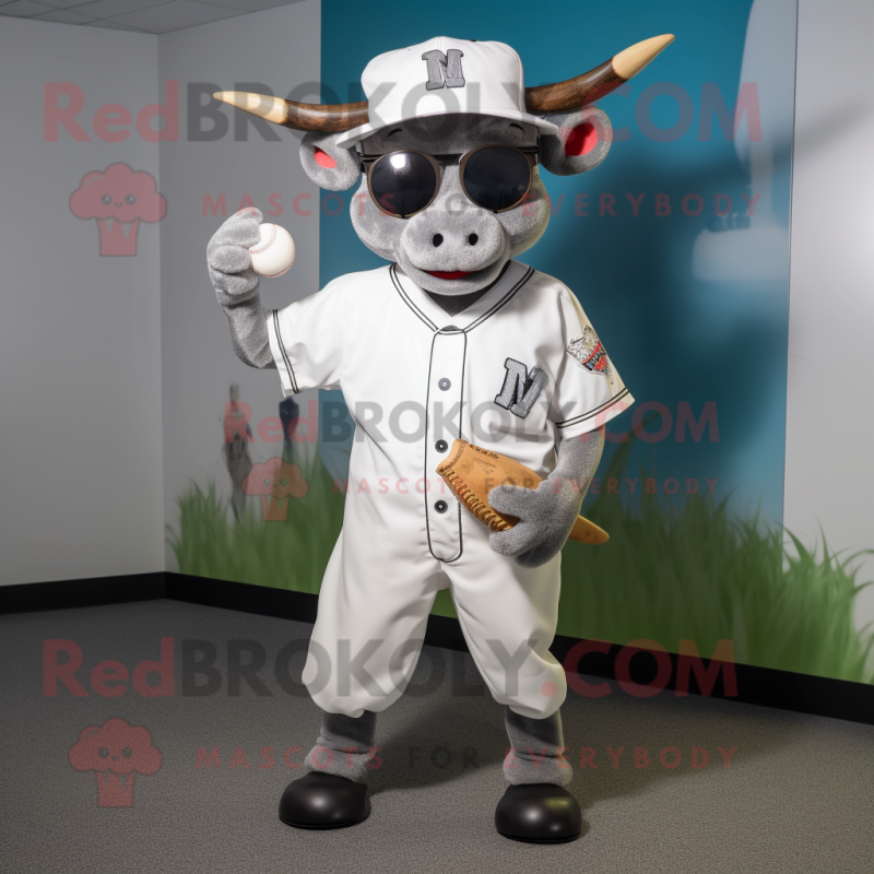 Silver Zebu mascot costume character dressed with a Baseball Tee and Reading glasses