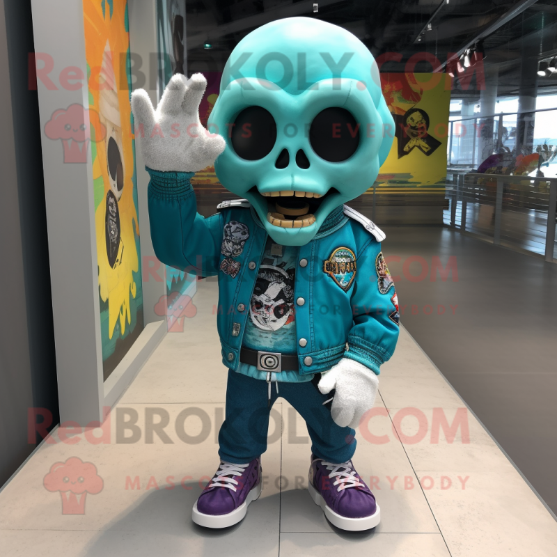 Turquoise Skull mascot costume character dressed with a Bomber Jacket and Anklets