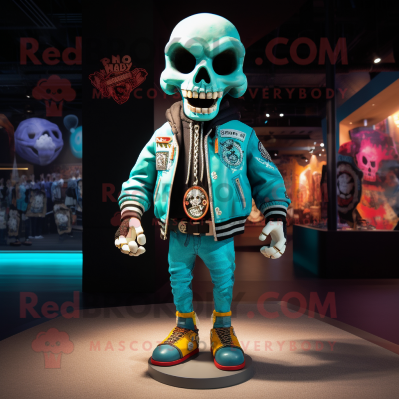 Turquoise Skull mascot costume character dressed with a Bomber Jacket and Anklets