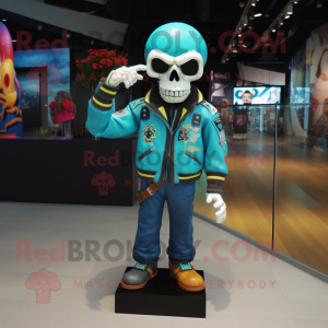 Turquoise Skull mascot costume character dressed with a Bomber Jacket and Anklets