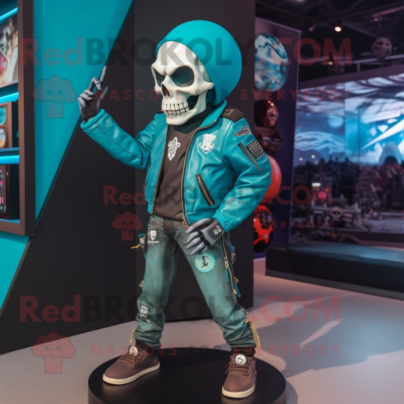 Turquoise Skull mascot costume character dressed with a Bomber Jacket and Anklets