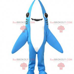 Mascota de tiburón azul y blanco gigante y súper sonriente -