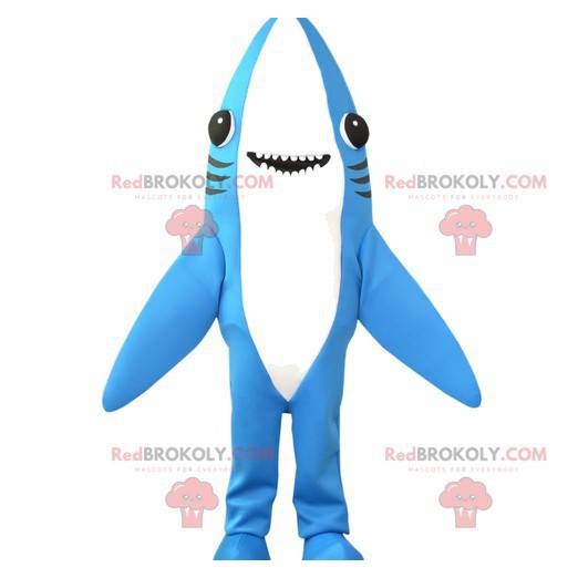 Mascotte gigante e super sorridente dello squalo blu e bianco -