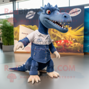 Navy Spinosaurus mascot costume character dressed with a Jeans and Shoe clips